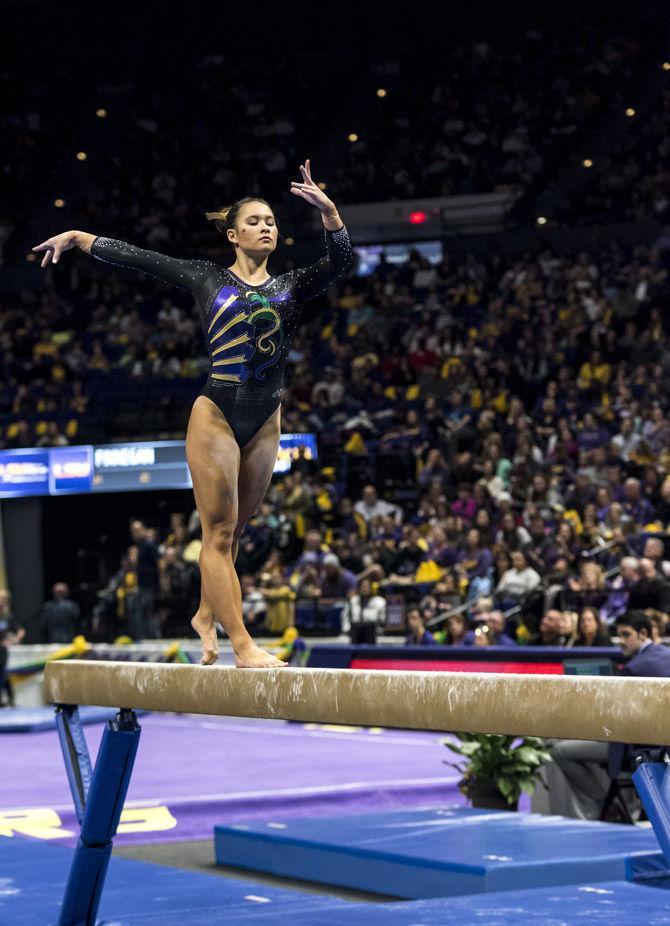 LSU all-around junior Sarah Finnegan competes in the beam competition during the Tigers&#8217; 197.225-196.700 victory over Kentucky on Friday, Feb. 2, 2018, in the PMAC.