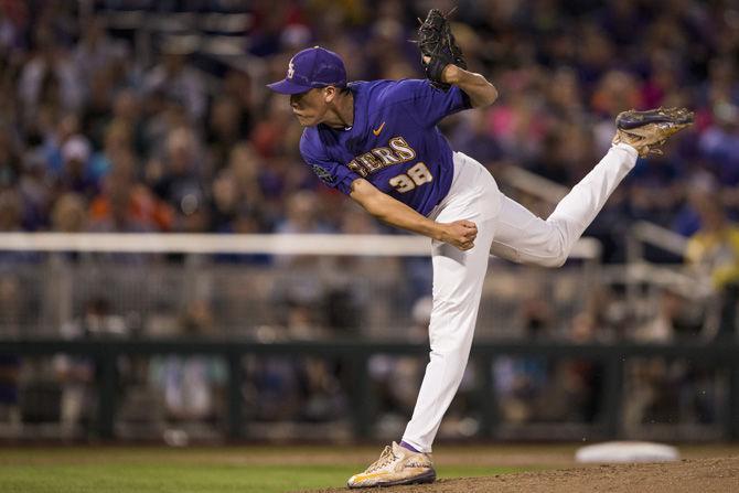 LSU pitcher Zack Hess (38) releases a pitch during LSU's 6-1 loss to Florida in game two of the College World Series on Tuesday June 27, 2017, at the TD Ameritrade Center in Omaha, Nebraska.