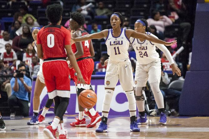 LSU senior guard Raigyne Louis (11) plays on defense during the Tigers' 71-60 win against Georgia on Thursday, Feb. 1, 2018, in the PMAC.