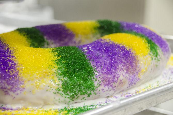 A fully decorated king cake sits on a tray at&#160;Mr. Ronnie&#8217;s Famous Hot Donuts on Tuesday, Jan. 9, 2018, on Lee Drive.