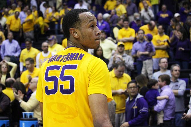 Tim Quarterman, 55, walks off court after the 75-77 LSU loss to Oklahoma on January 30, 2016 in the PMAC.