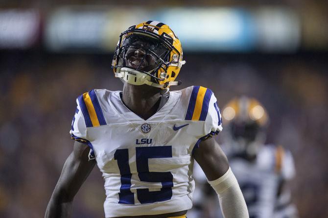 LSU freshman cornerback Kary Vincent Jr. (15) celebrates during LSU's 45-10 win against Chattanooga on Saturday, Sept. 9, 2017, at Tiger Stadium.