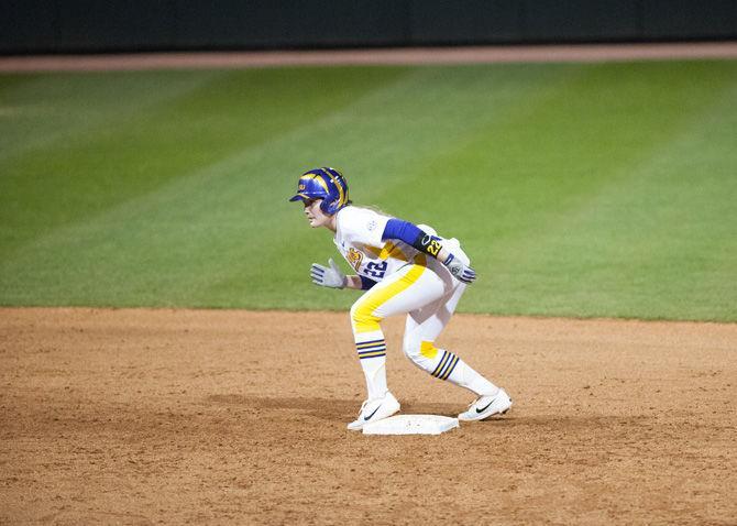 LSU sophomore infielder Amanda Doyle (22) prepares to run to third base during the Tigers' 11-6 victory over University of Texas at Arlington on Friday, Feb. 9, 2018 in Tiger Park.