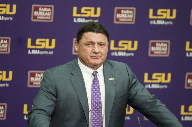 LSU coach Ed Orgeron speaks about his history coaching with Steve Ensminger during a press conference on Jan. 11, 2018.