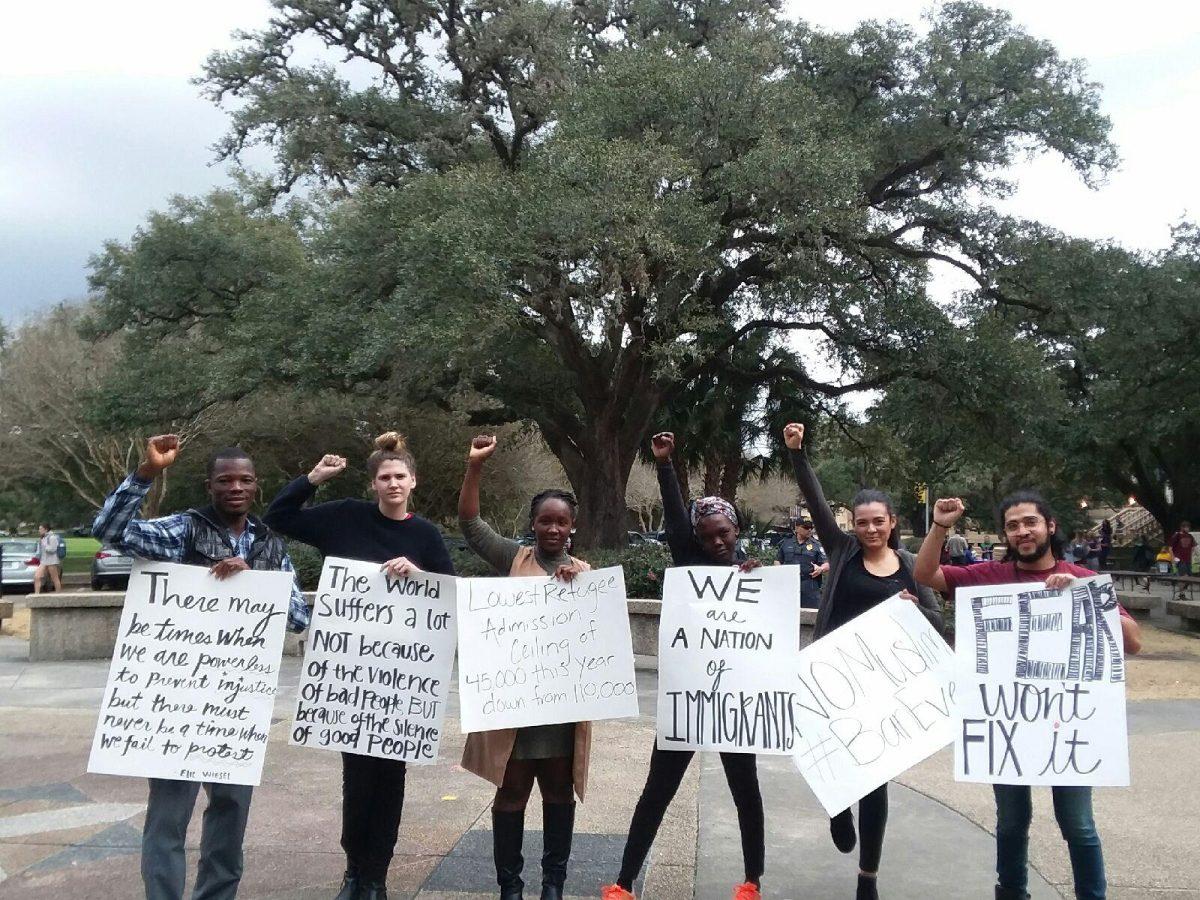 Protesters stand outside the LSU Student Union on February 1, 2018.