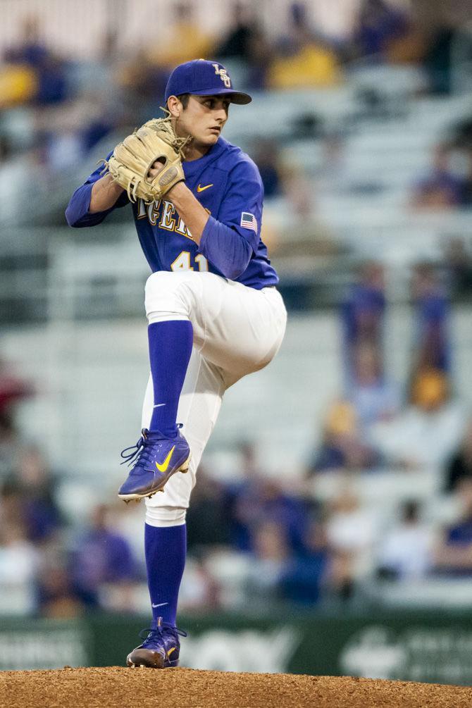 LSU junior pitcher Caleb Gilbert (41) pitches the ball during the Tigers' 7-0 victory against SHU on Saturday, Mar. 3, 2018, in Alex Box Stadium.