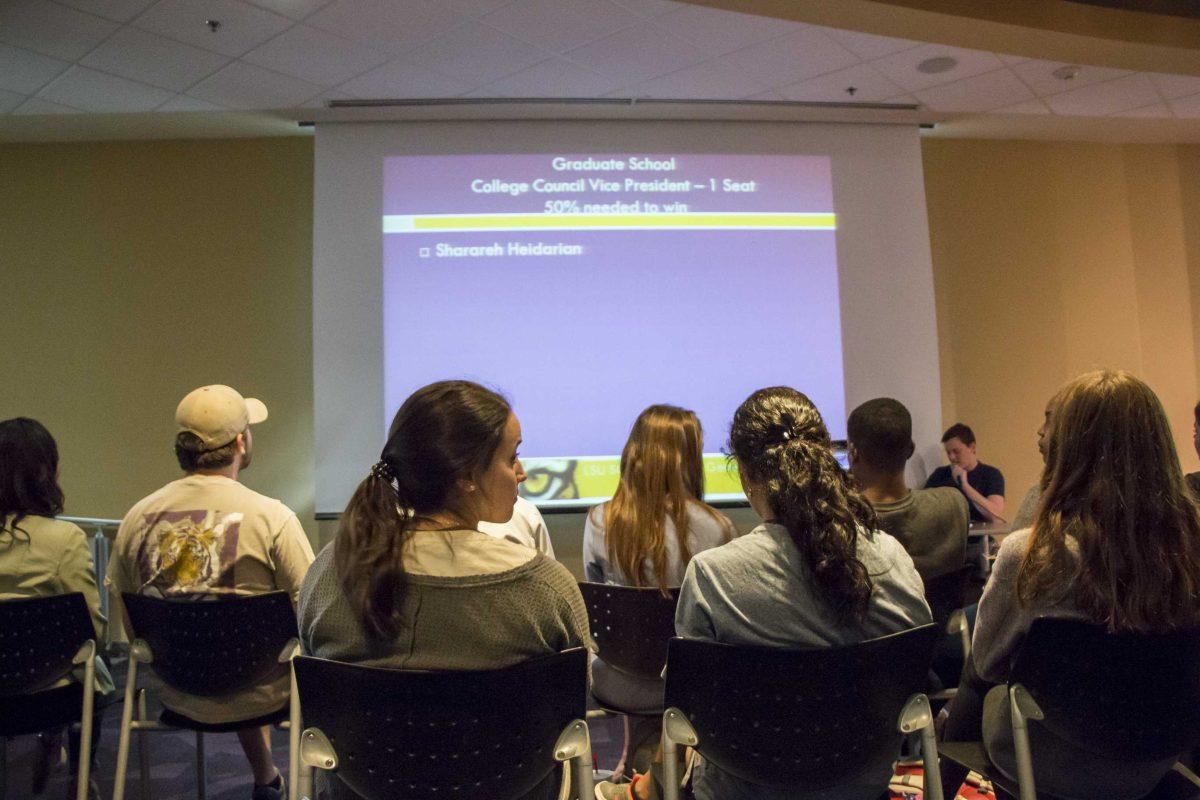 Student Government candidates sit in the LSU Student Union Live Oak Lounge as results for the spring election are announced on Wednesday, March 21, 2018.