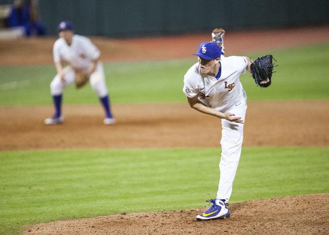 LSU sophomore right-handed pitcher Zack Hess (38) pitches the ball during the Tigers&#8217; 8-1 victory against Toledo on Friday, March 2, 2018, at Alex Box Stadium.