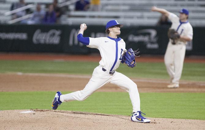 LSU junior pitcher Cameron Sanders (49) pitches the ball during the Tigers&#8217; 10-3 victory over Grambling State University on Tuesday, Feb. 27, 2018, at Alex Box Stadium.