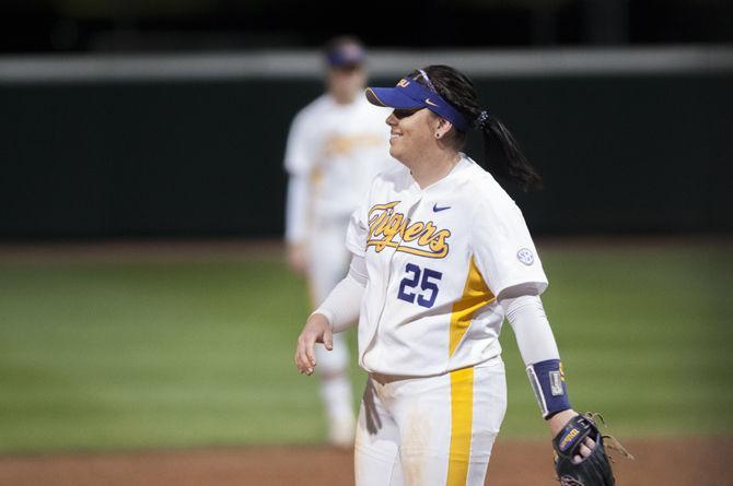 LSU senior pitcher Allie Walljasper (25) laughs during the Tigers&#8217; 3-2 win against Auburn on Friday, March 9, 2018, at Tiger Park.