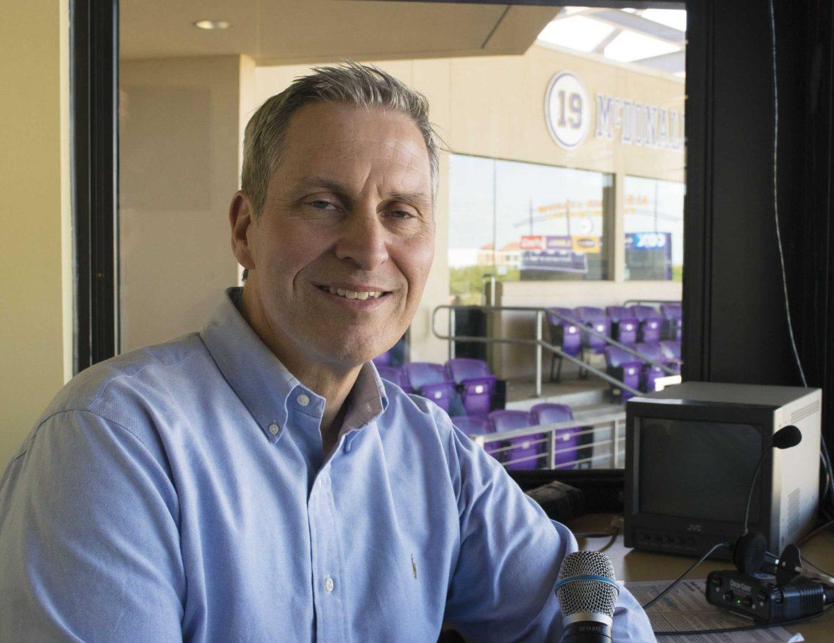 LSU baseball sports information director and voice of Alex Box Bill Franques sits in his work space at Alex Box Stadium on Tuesday, March 20, 2018.&#160;