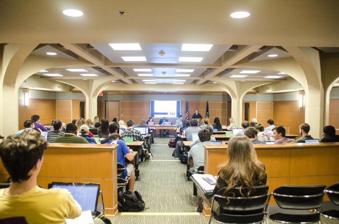 The LSU Student Government senators discuss the implementation of new bills on Wednesday, March 14, 2018, in the LSU Student Union Capital Chamber.