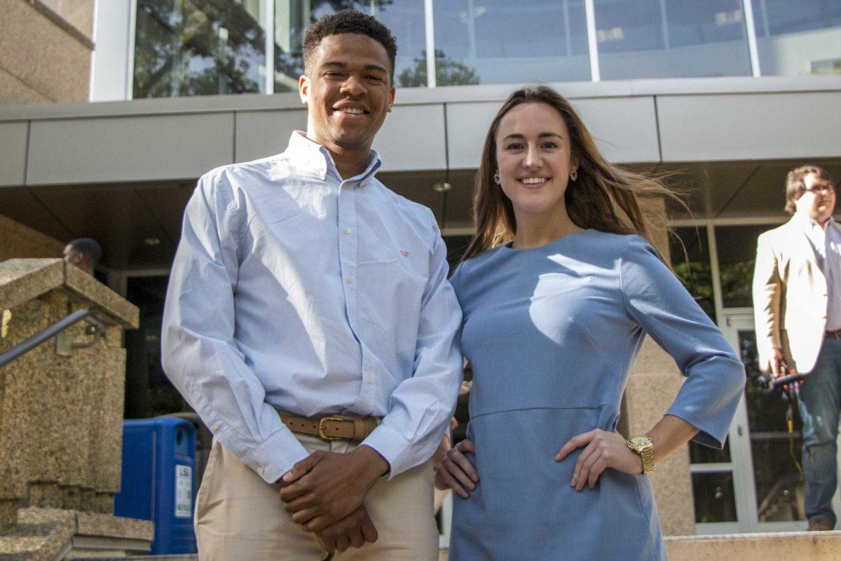 Newly elected LSU Student Government president and biological engineering junior Stewart Lockett, and newly elected SG vice president and mass communication junior Rachel Campbell sit outside the LSU Student Union on Wednesday, March 21, 2018.