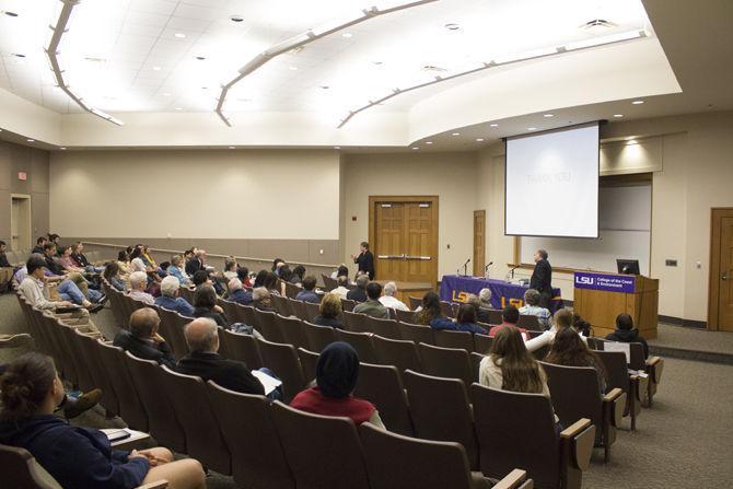 Audience members listen to Professor Ruth Gates during the Coral Reefs in Crisis event in Dalton Auditorium in the LSU Energy, Coastal and Environmental building on Friday, Mar. 2, 2018.