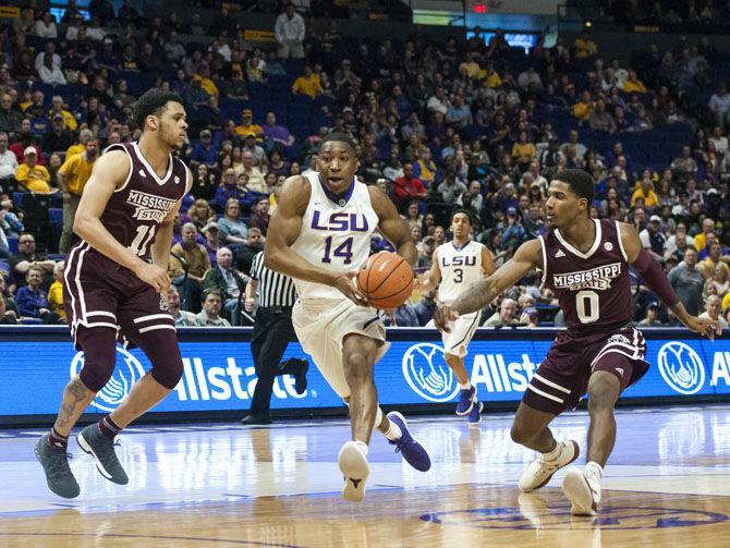 LSU graduate guard Randy Onwuasor (14) dribbles down the court during the Tigers&#8217; 78-57 win against Mississippi State on Saturday, March 3, 2018, in the&#160;PMAC.