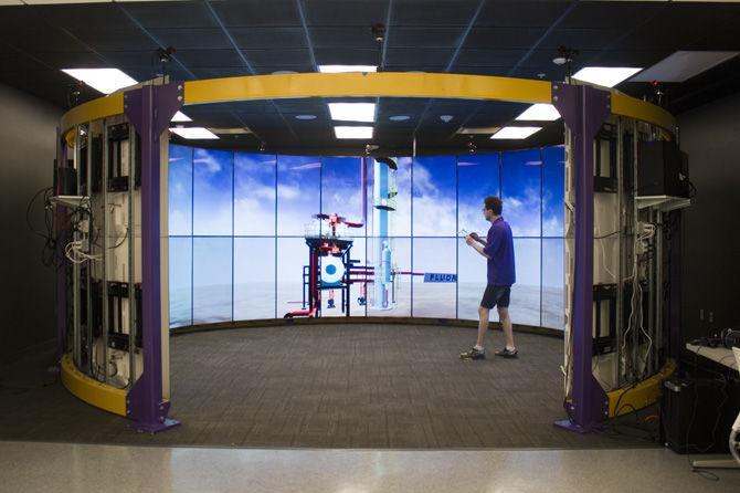 LSU Electrical engineering PhD student Matt Zadghorban uses the virtual reality cave in Patrick F. Taylor Hall, on March 12, 2018.