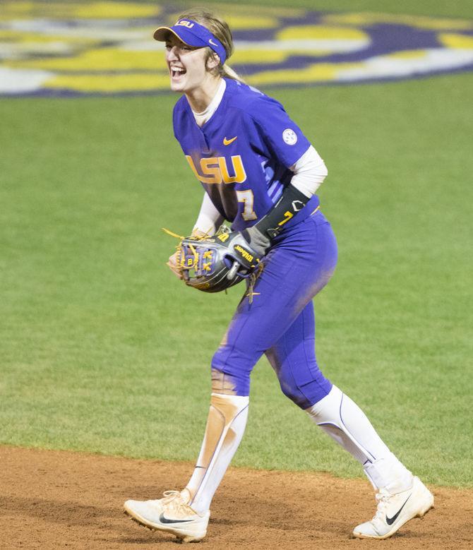 LSU junior infielder Becca Schulte (7) celebrates during the Tigers' 3-2 win over Oregon State on Saturday, Feb. 17, 2018, in Tiger Park