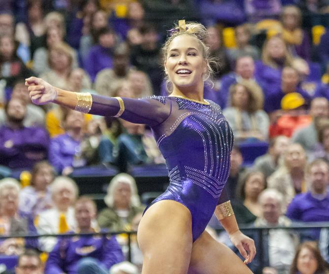 LSU sophomore all-around Ashlyn Kirby performs her floor routine during the Tigers' 197.450-196.725 victory against Alabama on Friday, Jan. 19, 2018, in the PMAC.