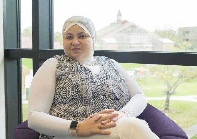 LSU construction management graduate coordinator Marwa Hassan, Ph.D., discusses having received the Professor of Excellence award at an interview in Patrick F. Taylor Hall on LSU campus on Monday, March 5, 2018.