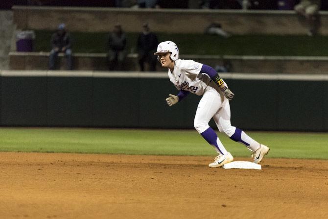 LSU sophomore infielder Amanda Doyle (22) prepares to run to second base during LSU&#8217;s 2-0 victory over McNeese State University on Friday, Mar. 2, 2018 at Tiger Park.