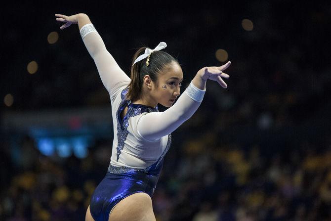 LSU all-around senior Erin Macadaeg competes in the beam competition during the Tigers' 198.100-195.625 victory over Auburn on Sunday, March 4, 2018, in the PMAC.