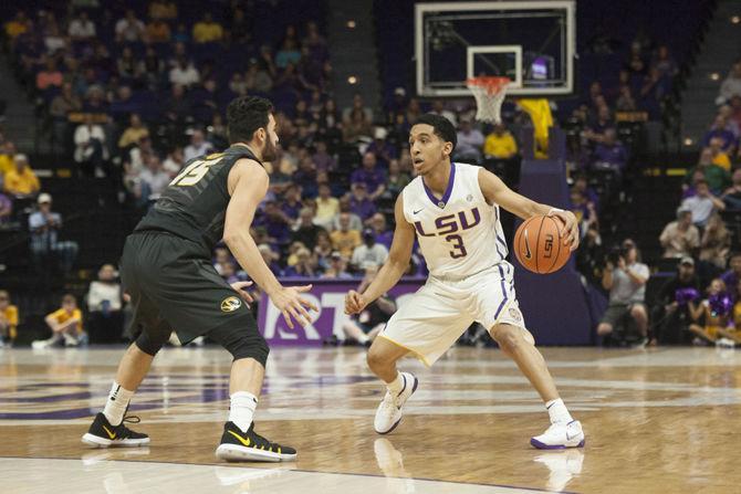 LSU freshman guard Tremont Waters (3) dribbles the ball during the Tigers' 64-63 victory against Missouri on Saturday, Feb. 17, 2018 in the PMAC.