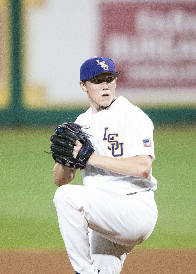 LSU sophomore pitcher Zack Hess (38) pitches during the Tigers&#8217; 4-2 win against Missouri on Friday, March 16, 2018, at Alex Box Stadium.