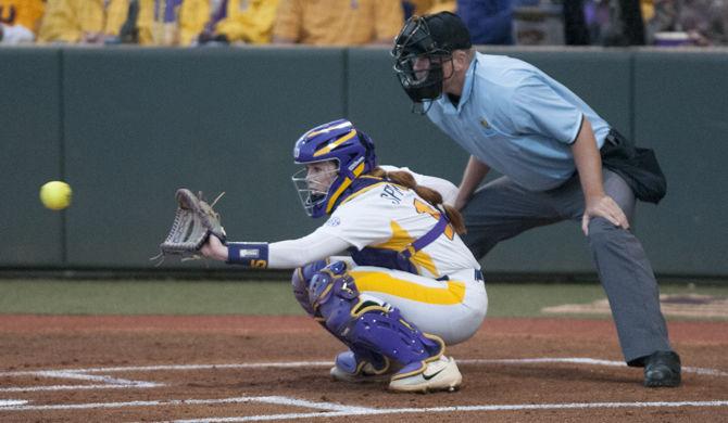 LSU sophomore infielder Sydney Springfield (15) catches the ball during the Tigers&#8217; 3-2 win against Auburn on Friday, March 9, 2018, at Tiger Park.