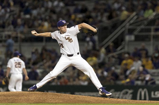 LSU sophomore right-handed pitcher Zack Hess (38) throws a pitch during the Tigers&#8217; 13-4 victory over the University of Texas Longhorns in Alex Box Stadium on Friday, Feb. 23, 2018.