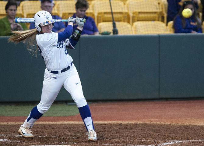 LSU sophomore infielder Amanda Doyle (22) hits the ball during the Tigers&#8217; 1-0 win over Illinois State University on Friday, March 2, 2018, in Tiger Park.