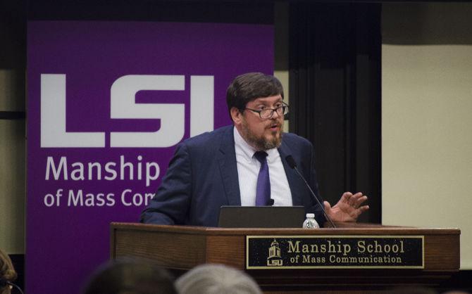 Kevin P. Reilly senior chair in political communication Martin Johnson moderates at the Neither Liberal Nor Conservative Panel on Thursday, Oct. 26, 2017, in the Holliday Forum.