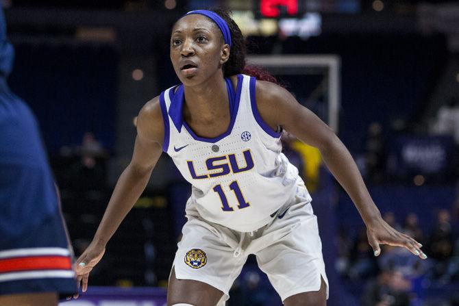 LSU senior guard Raigyne Louis (11) stands guard during the Tigers' 59-56 win against Auburn on Thursday, Jan. 18, 2018, in the PMAC.