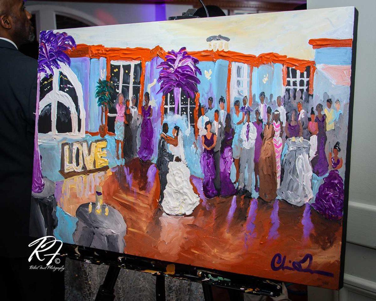 Live performance painter Christopher Turner creates elegant paintings of weddings, keeping the memory of the special day alive forever. He arrives about 30 minutes before the start of the wedding reception to set up and&#160;begins his paintings by attempting&#160;to catch the perspective of the room or work on the background before then adding in the bride and groom and their guests.&#160;