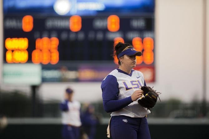 LSU senior pitcher Allie Walljasper (25) prepares to pitch the ball during the Tigers' 7-3 win over WKU on Tuesday, March 13, 2018, at Tiger Park.