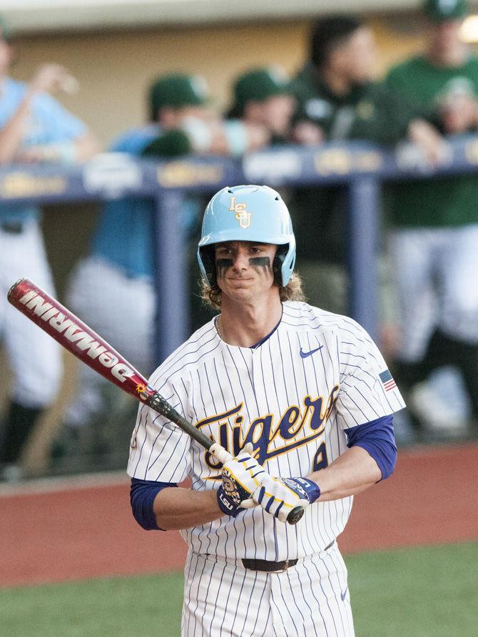 LSU sophomore outfielder Zach Watson (9) prepares to bat during the Tigers&#8217; 10-4 win against Tulane on Wednesday, March 21, 2018, at Alex Box Stadium.