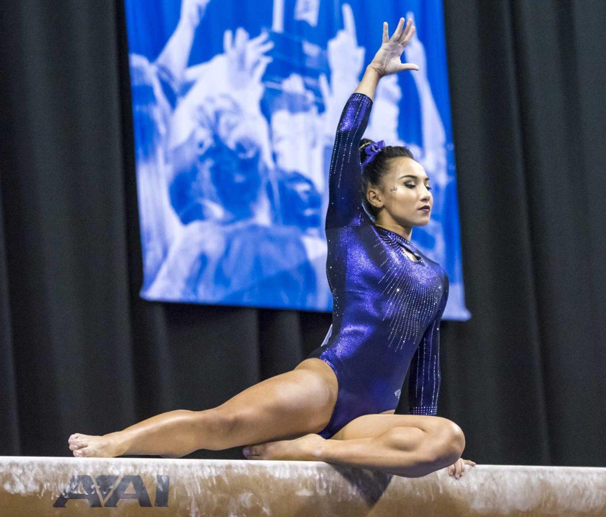 LSU senior Myia Hambrick performs her beam routine during the NCAA Gymnastics Super Six on Saturday, April 21, 2018, in the Chaifetz Arena in Saint Louis, Missouri.