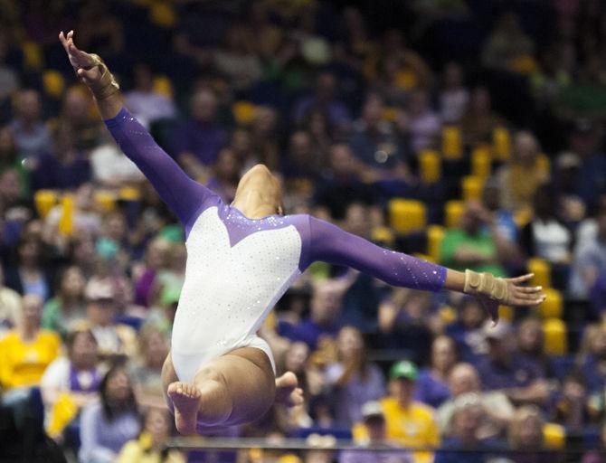 LSU all-around sophomore Kennedi Edney competes in the floor competition during the Tigers&#8217; 198.125-195.525 win over Arizona on Saturday, March 17, 2018, in the PMAC.