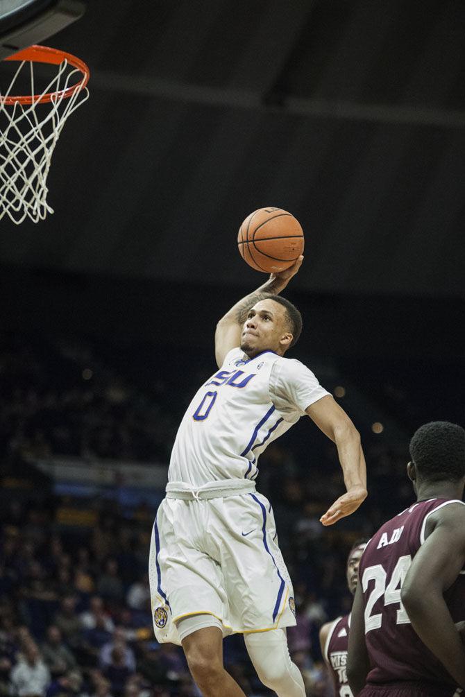 LSU junior guard Brandon Sampson (0) scores during the Tigers&#8217; 78-57 win against Mississippi State on Saturday, March 3, 2018, in the&#160;PMAC.