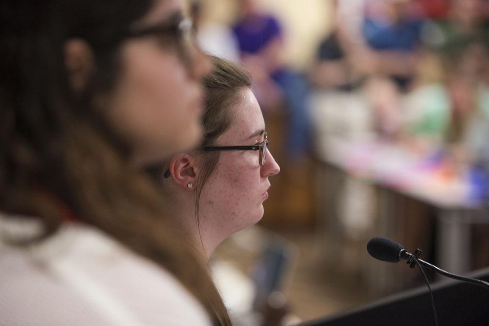 Managing editor of The Daily Reveille Natalie Anderson listens as LSU Student Government senators ask a series of questions surrounding Student Media funding during the Student Senate meeting on Tuesday April 24, 2018, in the LSU Student Union.