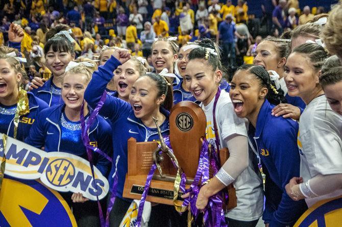 LSU gymnastics secure their second straight SEC regular-season title after the Tigers' 198.100-195.625 victory over Auburn on Sunday, March 4, 2018, in the PMAC.