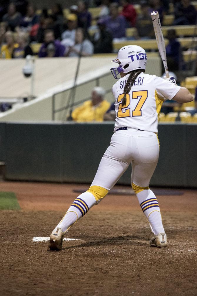 LSU freshman utility Shelbi Sunseri (27) bats the ball during LSU&#8217;s 2-1 victory over University of Mississippi at Tiger Park on Friday, April 6, 2018.