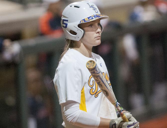 LSU sophomore infielder Amanda Doyle (22) prepares to bat during the Tigers&#8217; 3-2 win against Auburn on Friday, March 9, 2018, at Tiger Park.