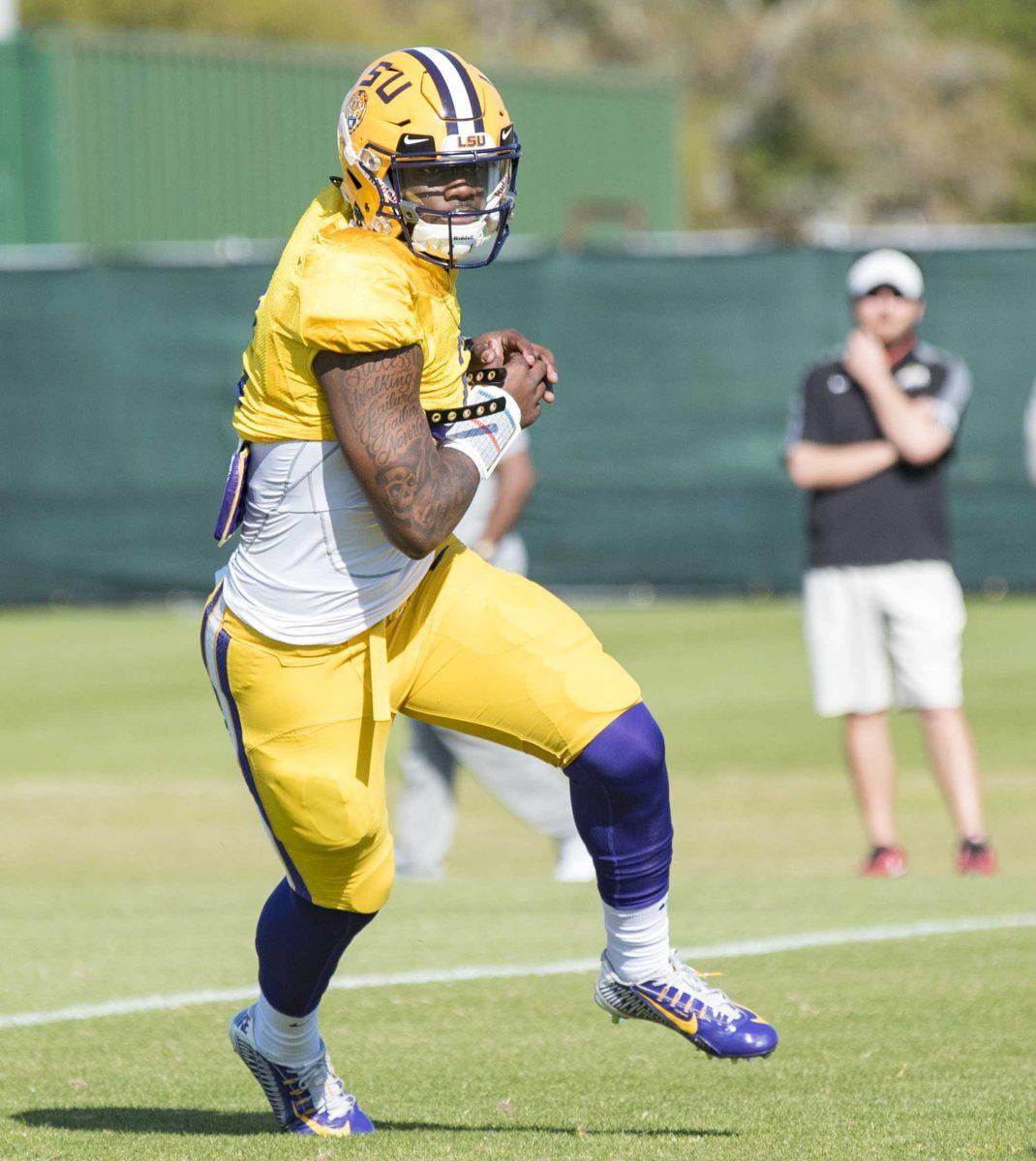 LSU redshirt freshman quarterback Lowell Narcisse (2) runs drills on Thursday, March 15, 2018 at Spring football practice.