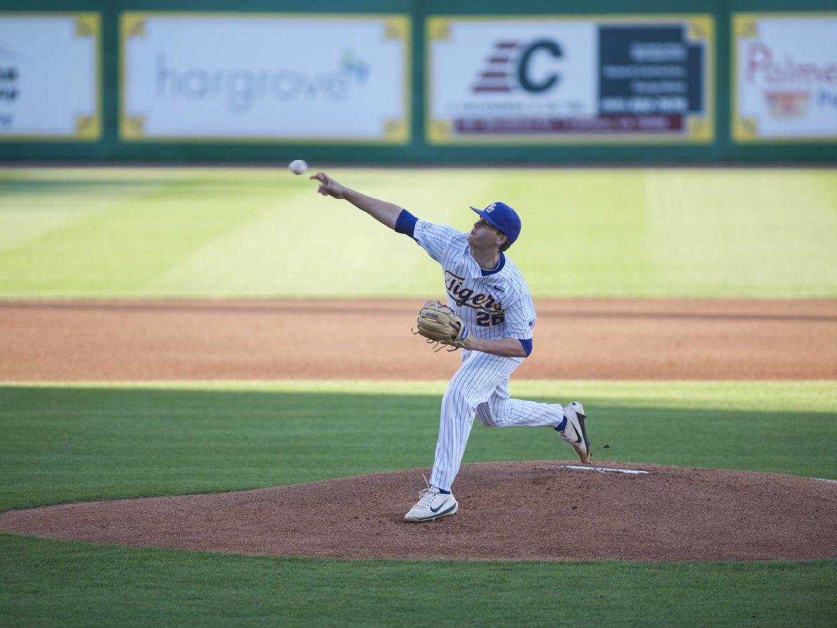 LSU freshman right handed pitcher AJ Labas (26) pitches the ball during the Tigers&#8217; 2-0 victory against Louisiana Tech on Tuesday, April 10, 2018, at Alex Box Stadium.