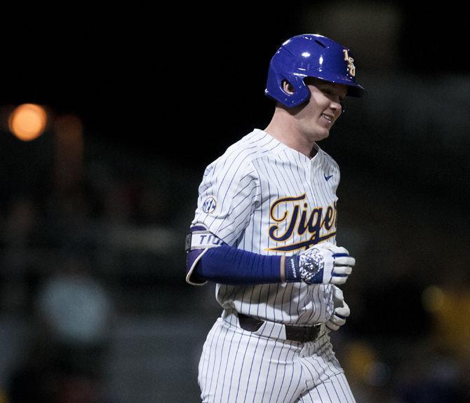 LSU freshman outfielder Daniel Cabrera (2) runs to first base during the Tigers' 9-4 win against&#160;University of South Alabama on Wednesday March 14, 2018, at Alex Box Stadium.