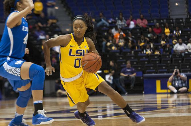 LSU sophomore guard Chloe Jackson (0) dribbles the ball during the Tigers' 42-55 loss to the University of Kentucky on Thursday, Jan. 19, 2017 in the Pete Maravich Assembly Center.