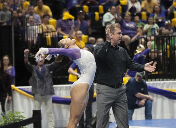 LSU all-around junior Sarah Finnegan sticks her landing during the Tigers&#8217; 198.125-195.525 win over Arizona on Saturday, March 17, 2018, in the PMAC.