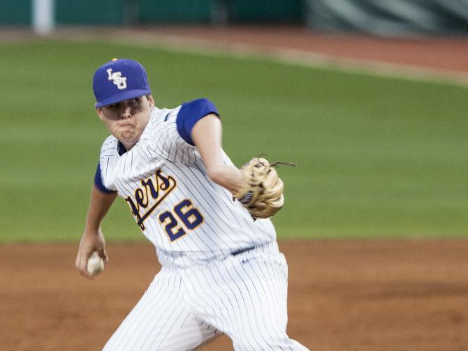 LSU freshman pitcher AJ Labas (26) pitches during the Tigers&#8217; 10-4 win against Tulane on Wednesday, March 21, 2018, at Alex Box Stadium.