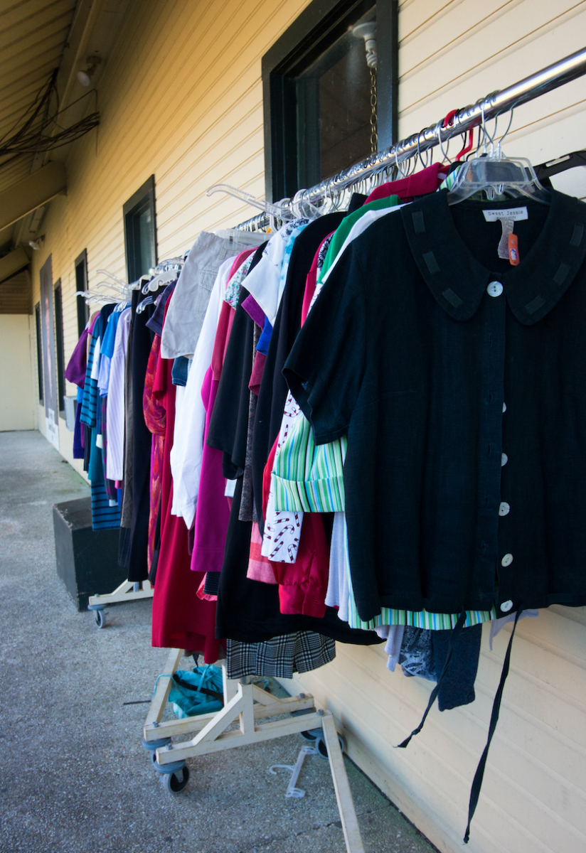 A rack of clothing sits outside local thrift shop Here Today Gone Tomorrow.&#160;