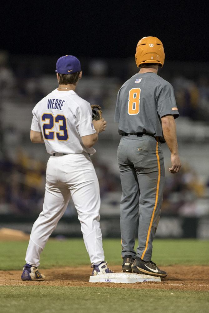 LSU freshman outfielder Nick Webre (23) stands at first base during LSU&#8217;s 9-3 victory over University of Tennessee in Alex Box Stadium on Friday, April 13, 2018.